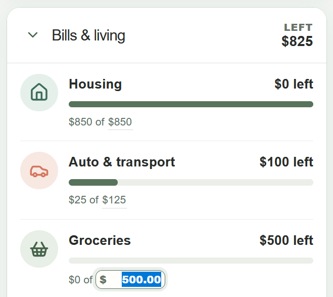 Editing the planned amount for Groceries directly in Oak Budget